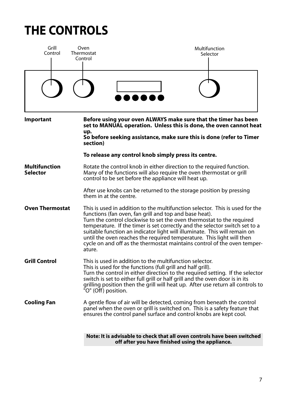 The controls | Hotpoint BS72 User Manual | Page 7 / 44
