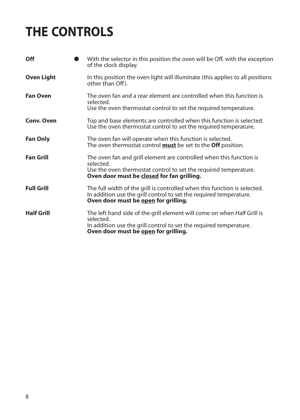 The controls | Hotpoint BS72 User Manual | Page 8 / 44