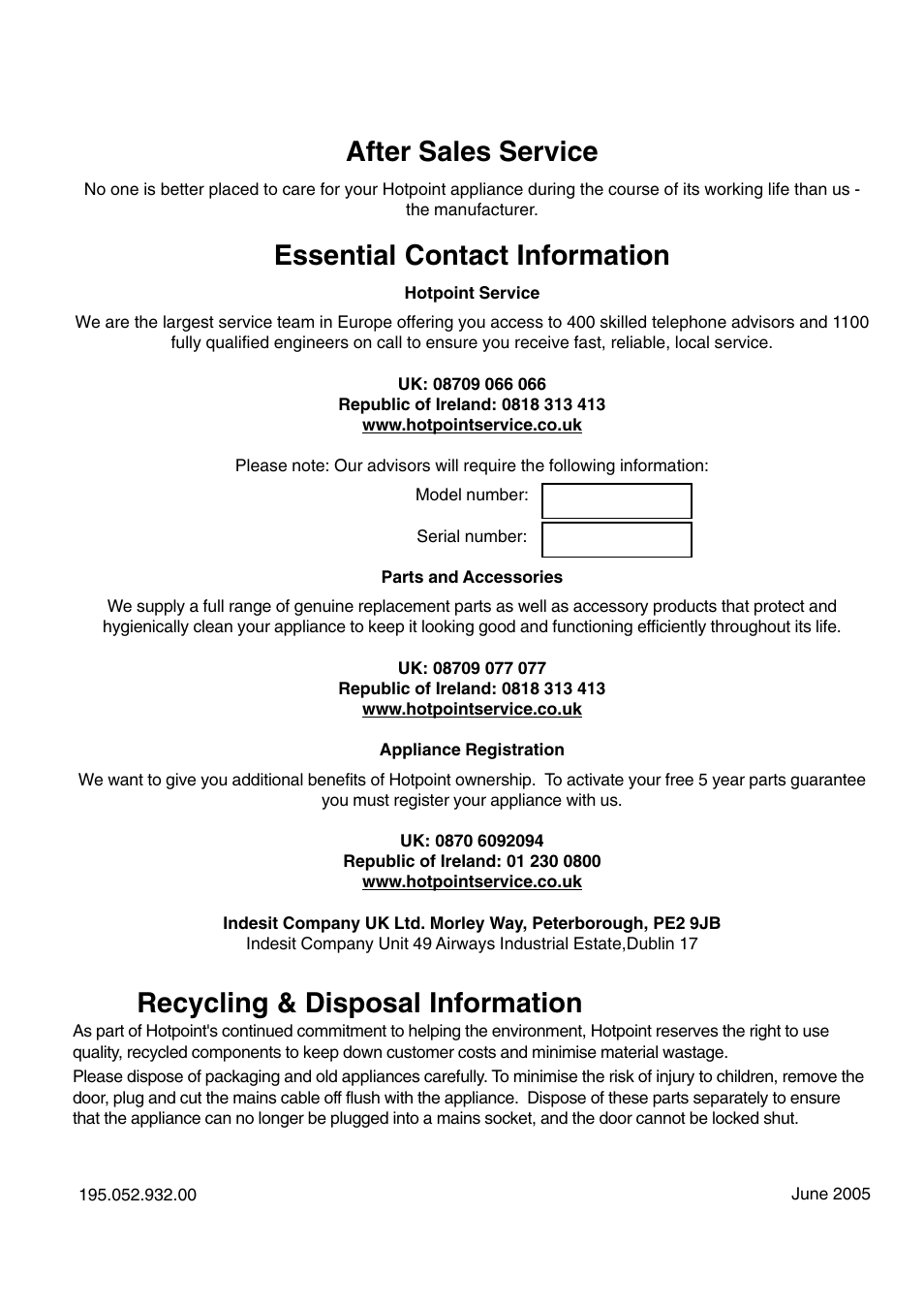 After sales service, Essential contact information, Recycling & disposal information | Hotpoint HM315NI User Manual | Page 16 / 16