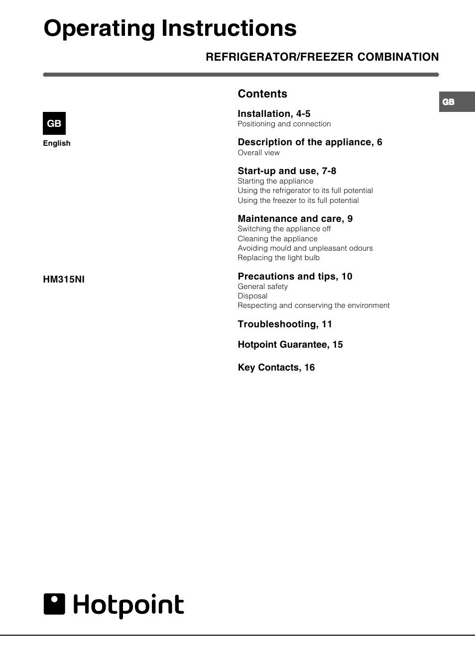 Operating instructions | Hotpoint HM315NI User Manual | Page 3 / 16