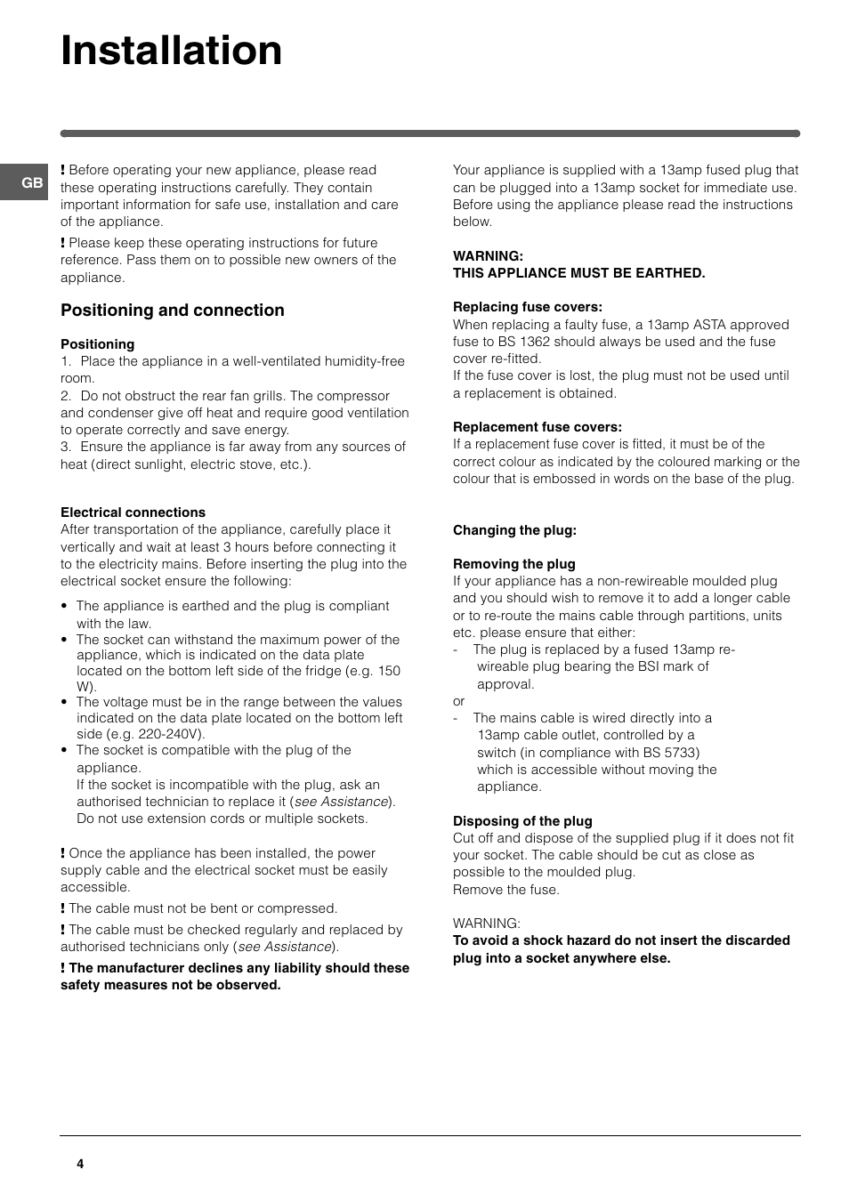 Installation | Hotpoint HM315NI User Manual | Page 4 / 16