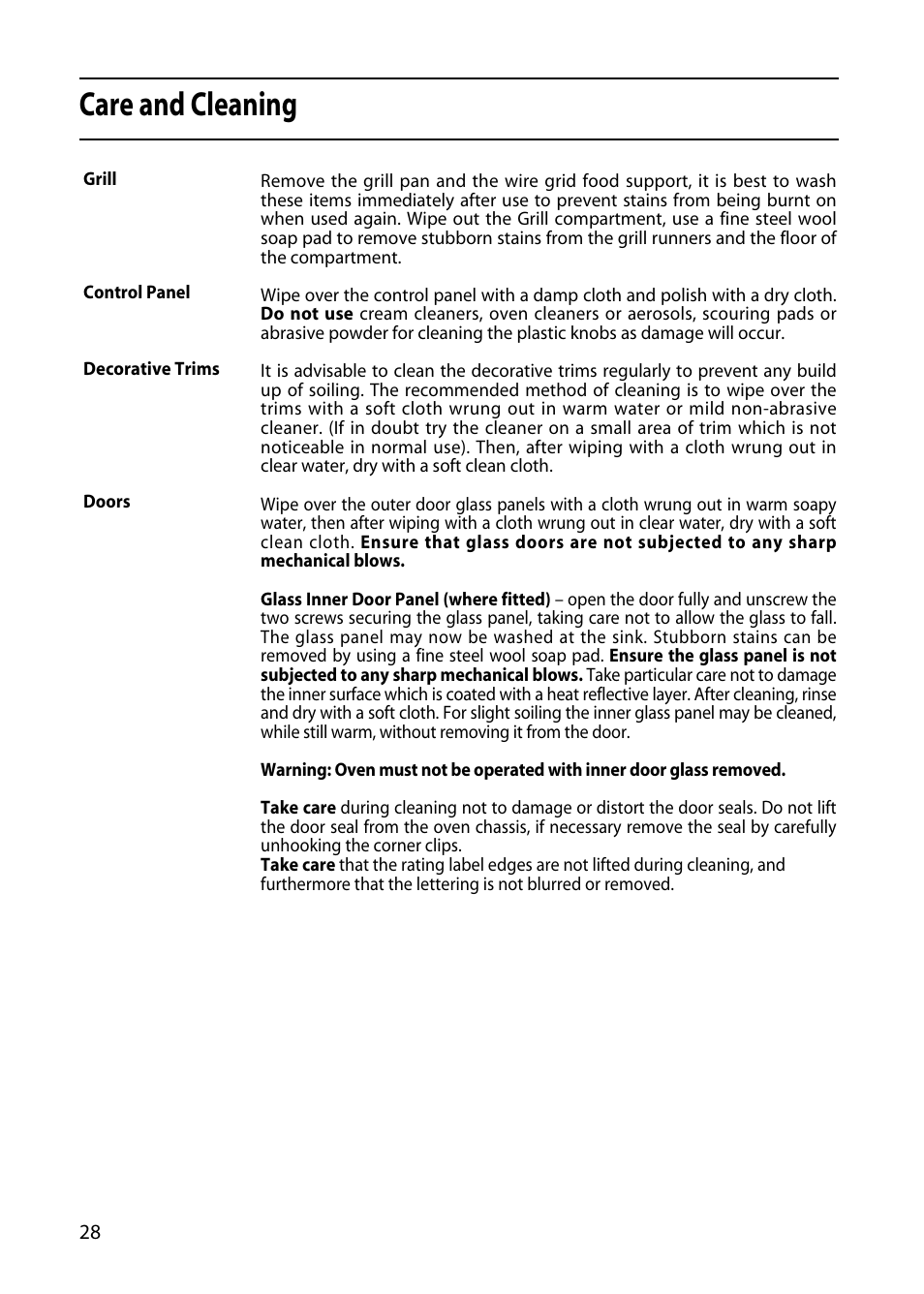 Care and cleaning | Hotpoint 5TCC User Manual | Page 28 / 32