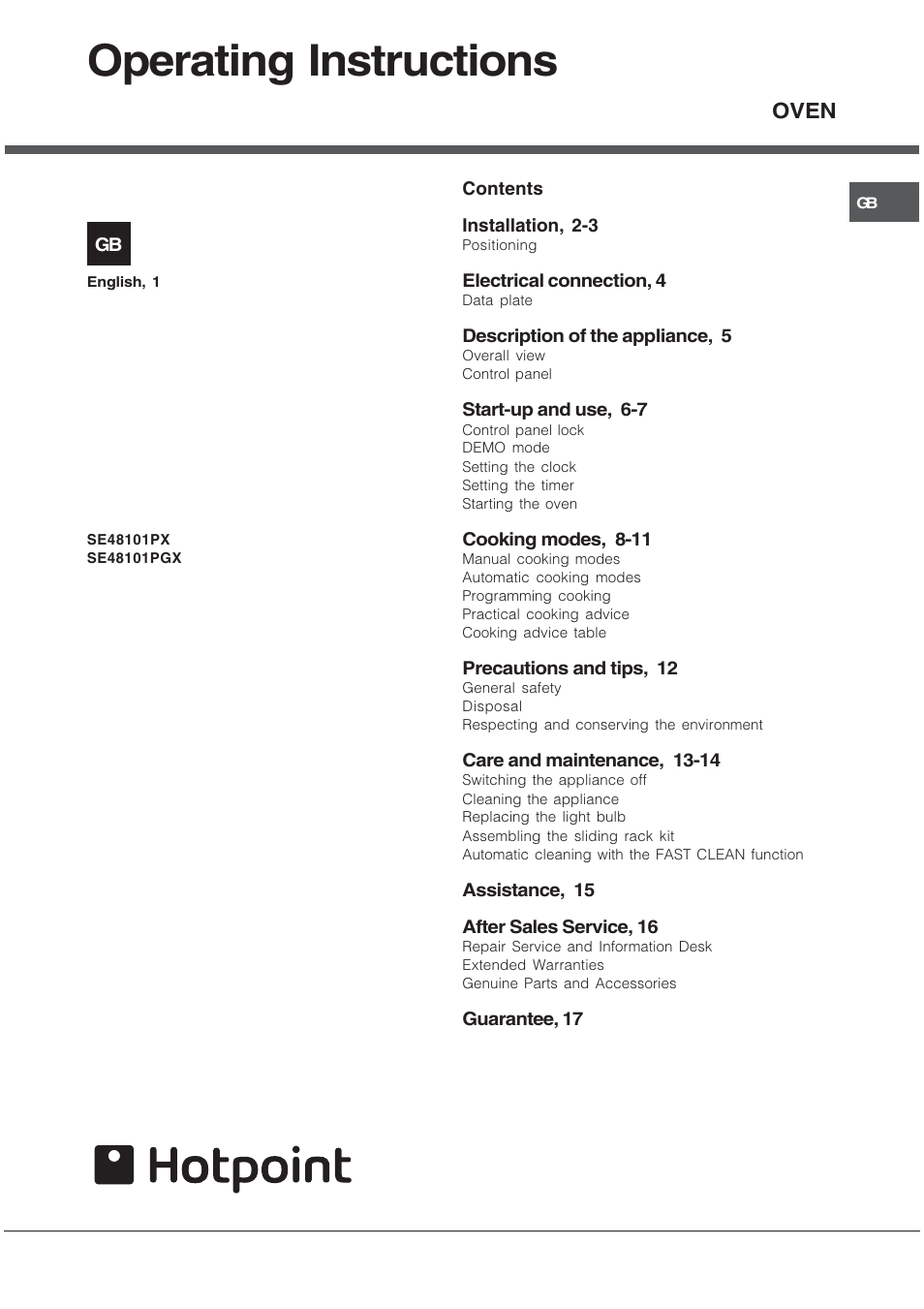 Hotpoint SE48101PGX User Manual | 20 pages