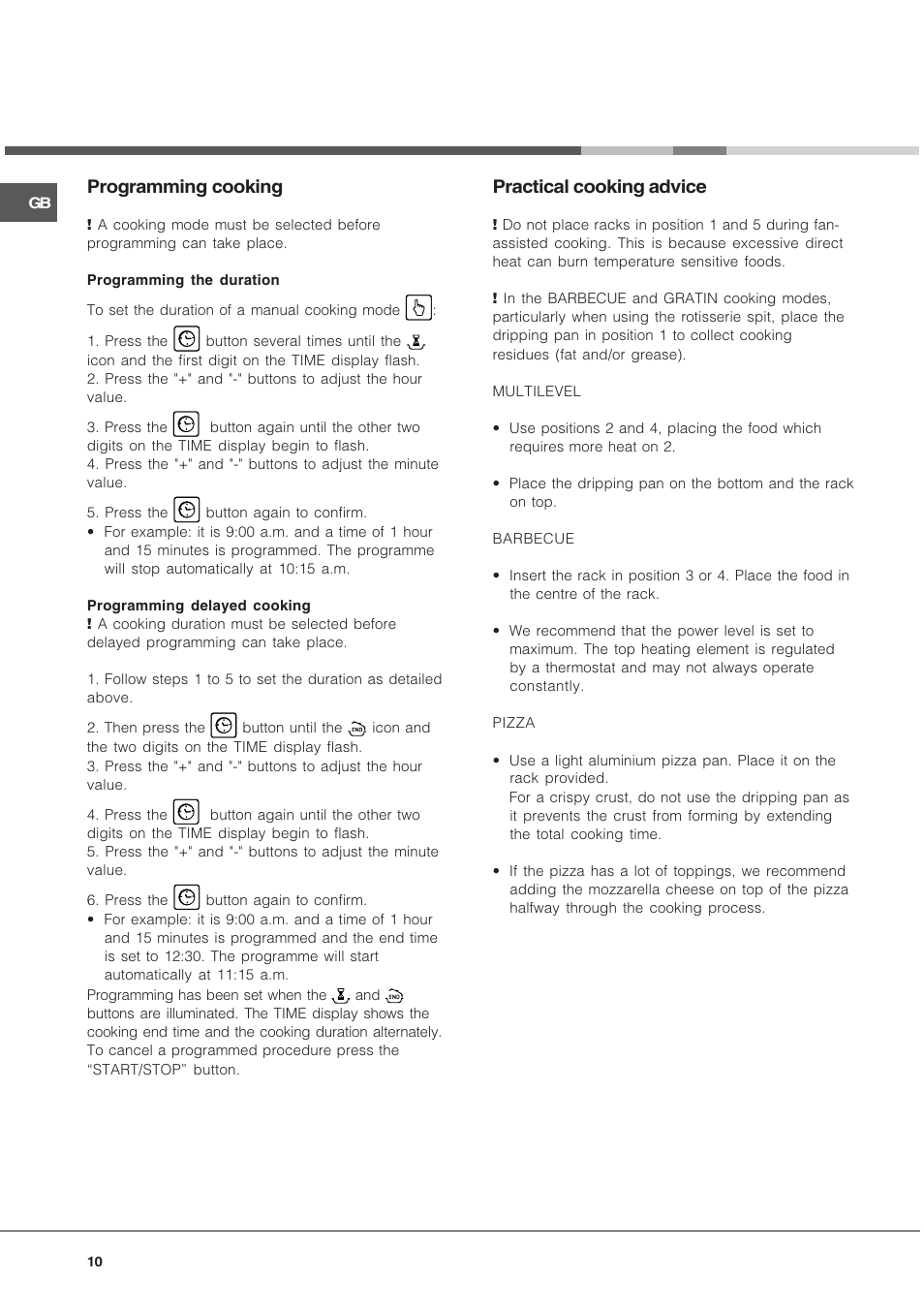 Programming cooking, Practical cooking advice | Hotpoint SE48101PGX User Manual | Page 10 / 20