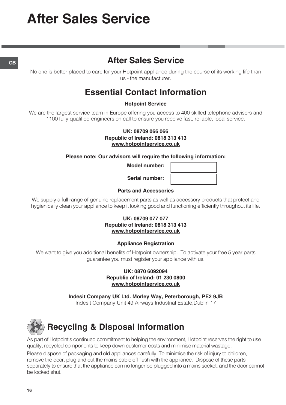 After sales service, Essential contact information, Recycling & disposal information | Hotpoint SE48101PGX User Manual | Page 16 / 20