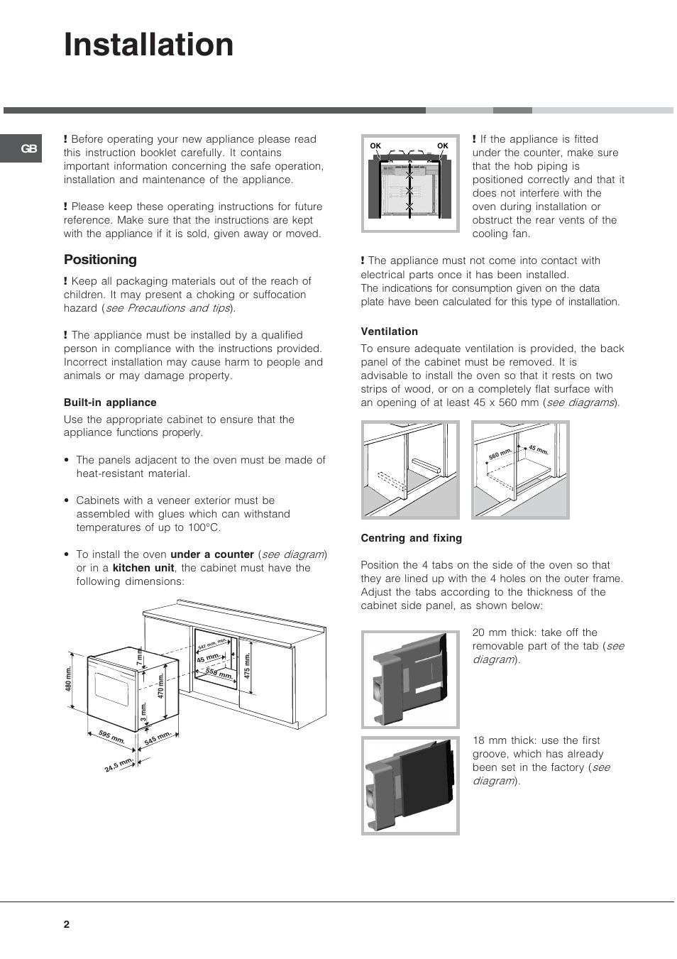 Installation, Positioning | Hotpoint SE48101PGX User Manual | Page 2 / 20