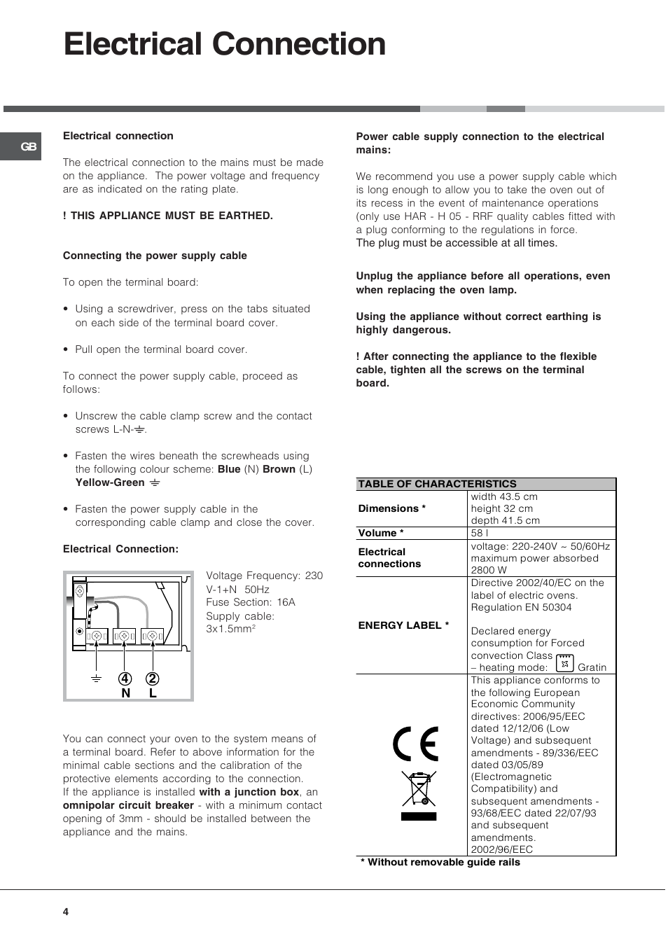 Electrical connection | Hotpoint SE48101PGX User Manual | Page 4 / 20