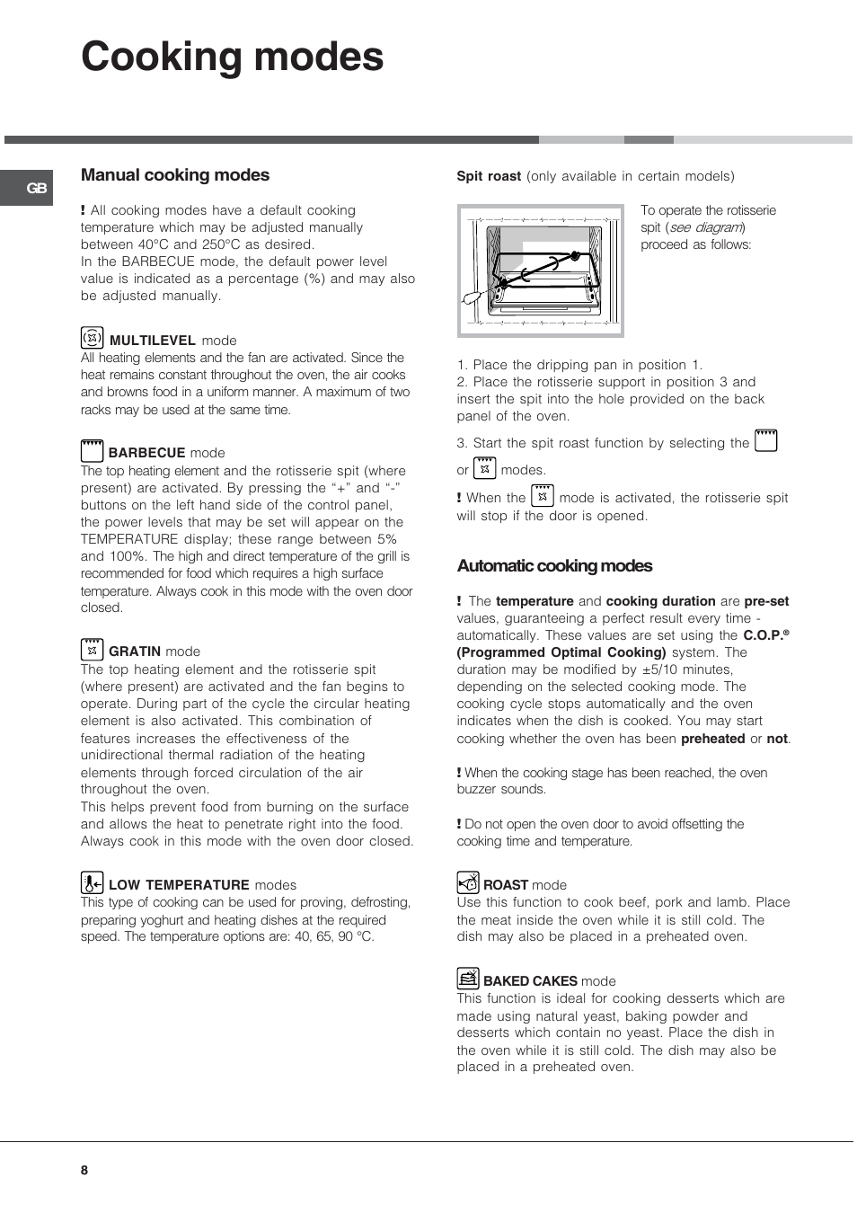 Cooking modes, Manual cooking modes, Automatic cooking modes | Hotpoint SE48101PGX User Manual | Page 8 / 20
