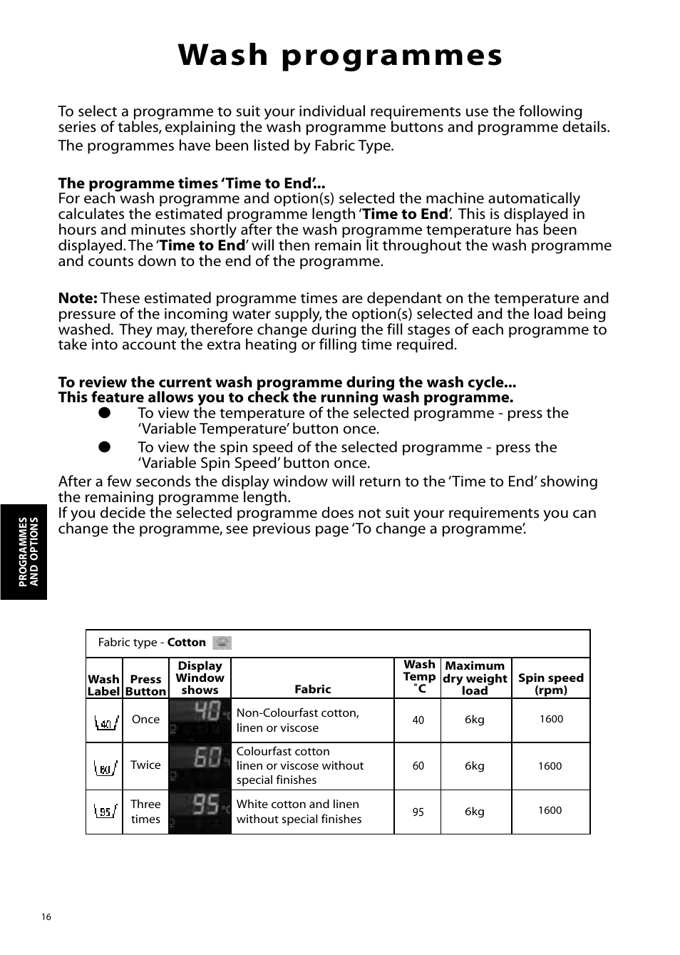 Wash programmes | Hotpoint WD865 User Manual | Page 16 / 31