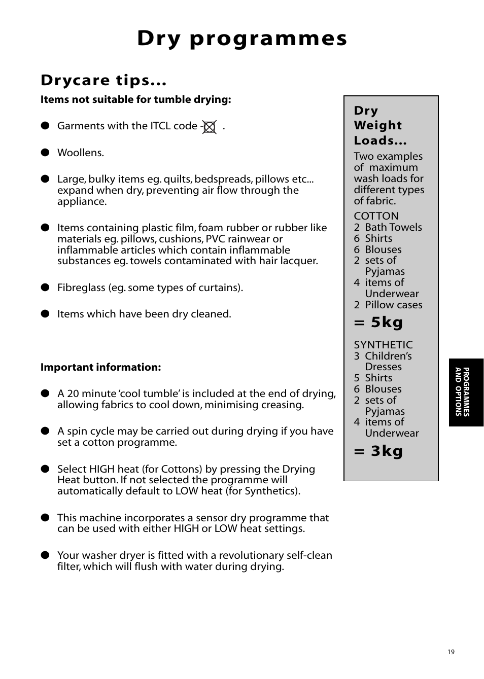 Dry programmes, Drycare tips | Hotpoint WD865 User Manual | Page 19 / 31