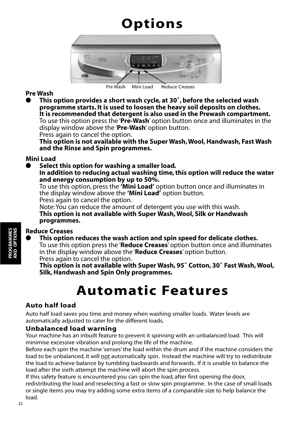 Options, Automatic features | Hotpoint WD865 User Manual | Page 22 / 31