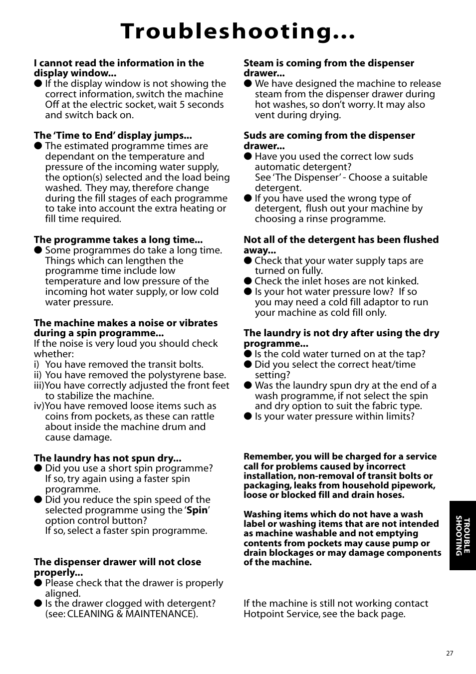 Troubleshooting | Hotpoint WD865 User Manual | Page 26 / 31