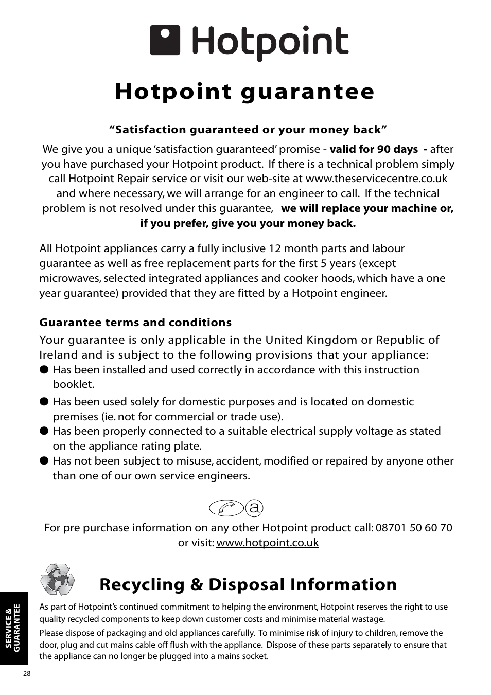 Hotpoint guarantee, Recycling & disposal information | Hotpoint WD865 User Manual | Page 27 / 31