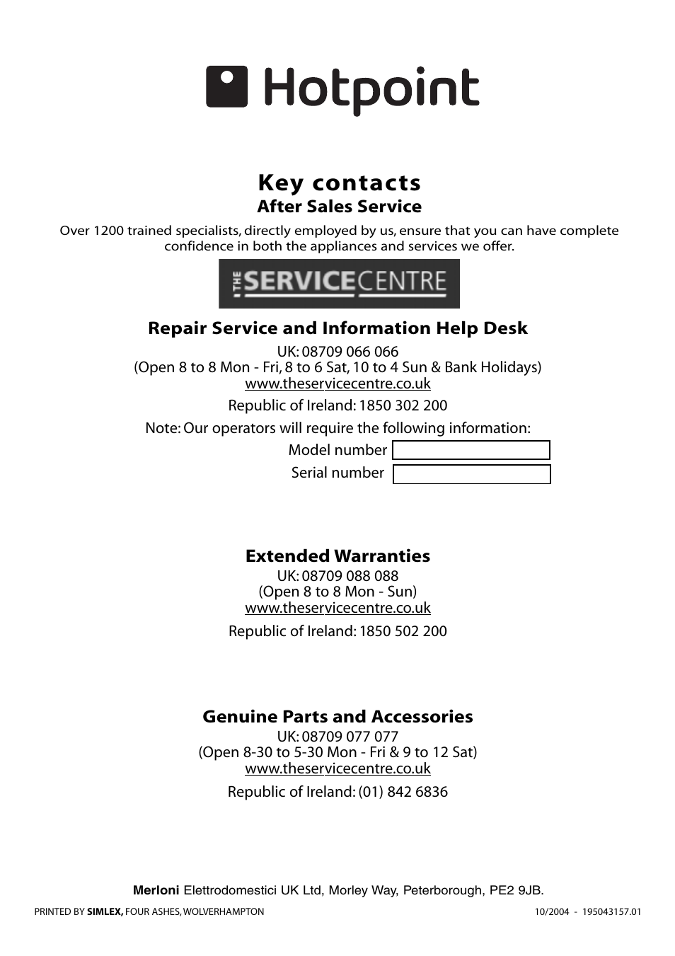 Key contacts | Hotpoint WD865 User Manual | Page 31 / 31