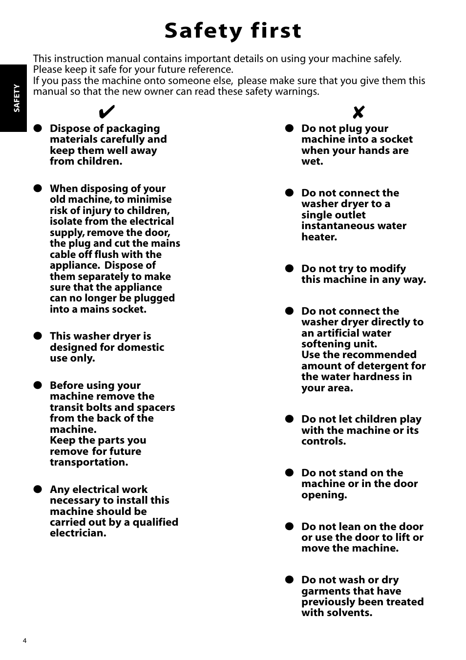 Safety first | Hotpoint WD865 User Manual | Page 4 / 31