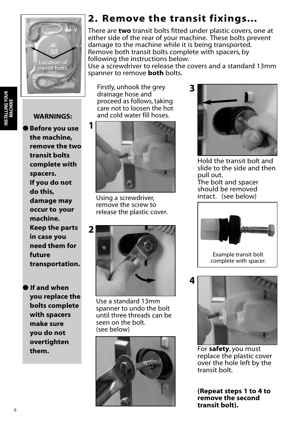 Remove the transit fixings | Hotpoint WD865 User Manual | Page 6 / 31