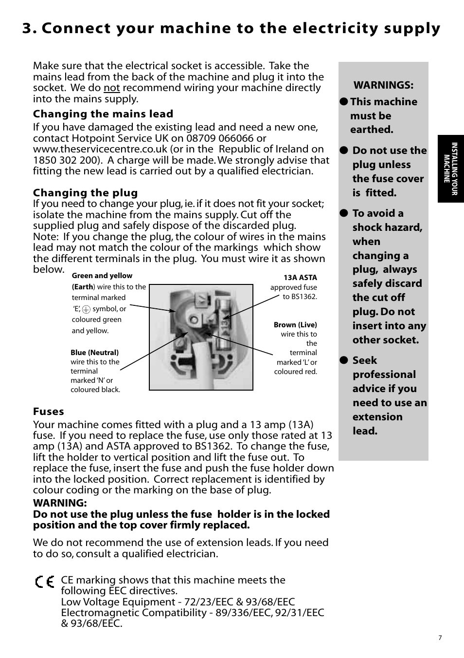 Connect your machine to the electricity supply | Hotpoint WD865 User Manual | Page 7 / 31