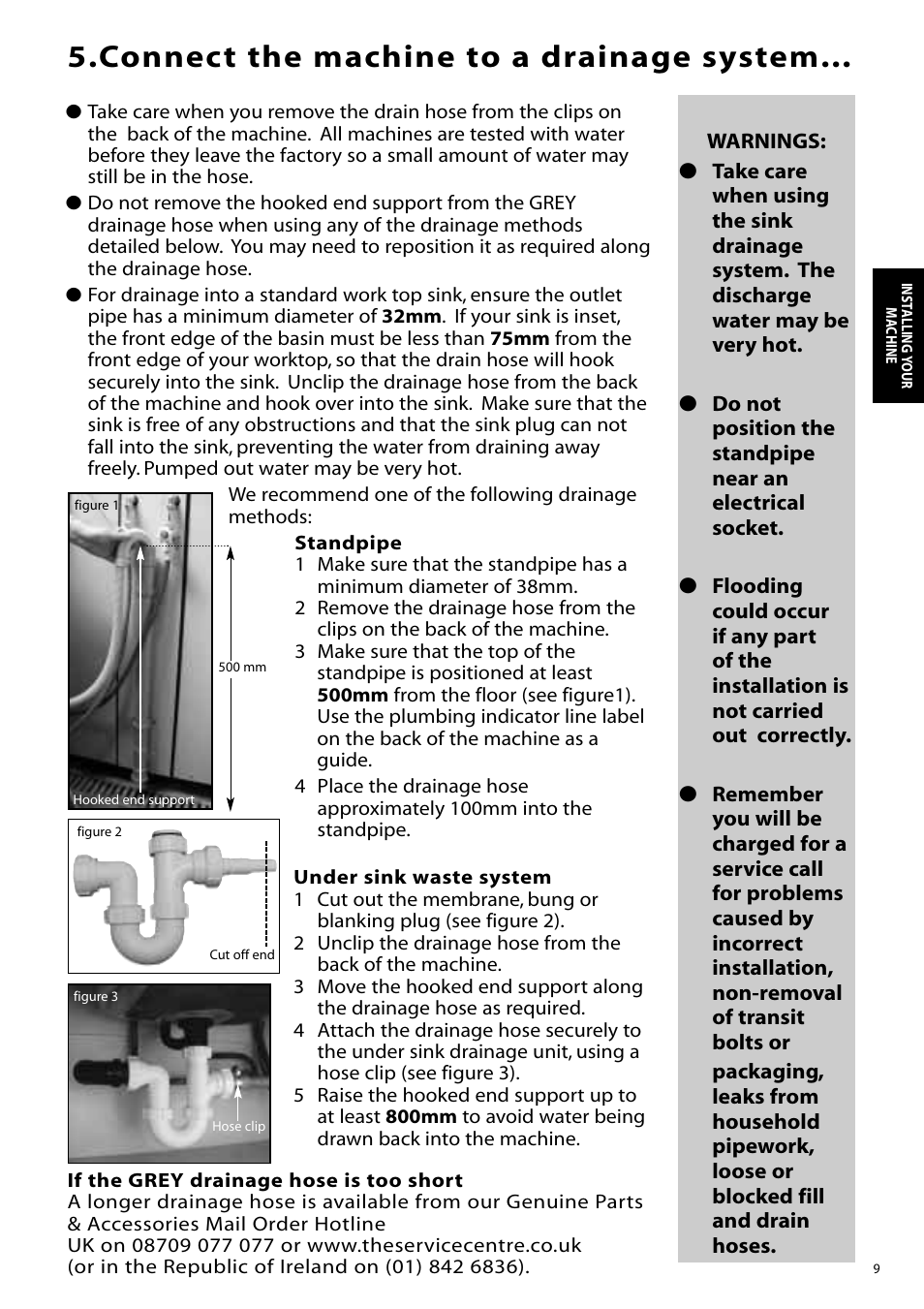 Connect the machine to a drainage system | Hotpoint WD865 User Manual | Page 9 / 31