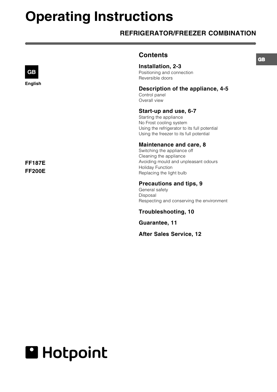 Hotpoint FF187E User Manual | 12 pages