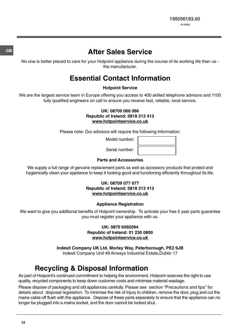 After sales service, Essential contact information, Recycling & disposal information | Hotpoint FF187E User Manual | Page 12 / 12