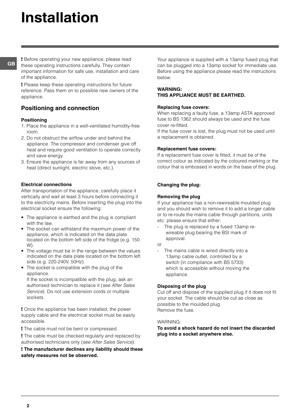 Installation | Hotpoint FF187E User Manual | Page 2 / 12