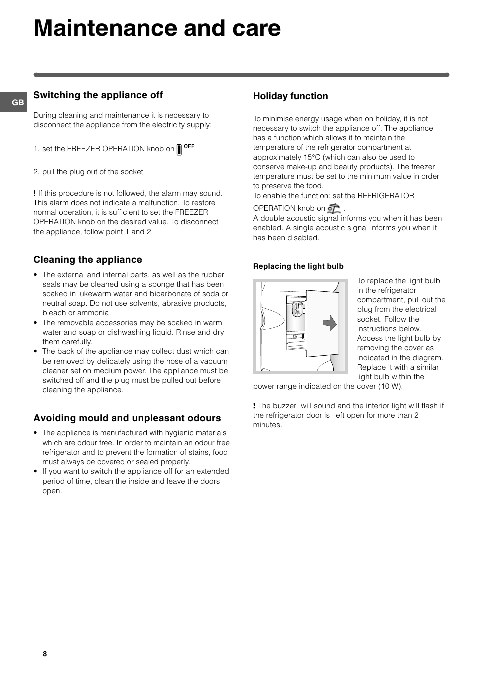 Maintenance and care | Hotpoint FF187E User Manual | Page 8 / 12