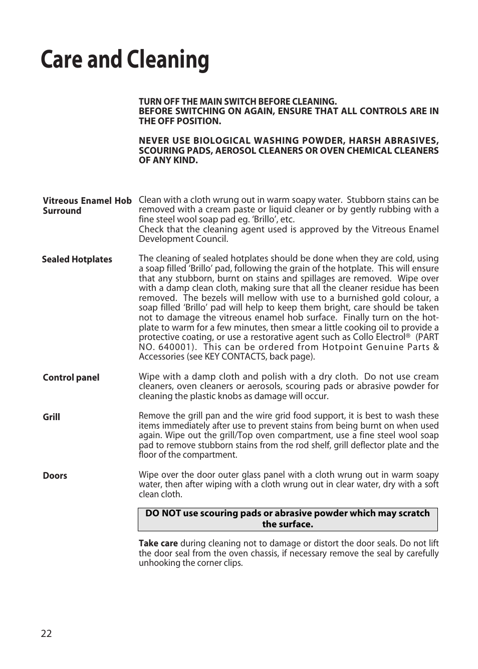 Care and cleaning | Hotpoint EW22 User Manual | Page 22 / 28