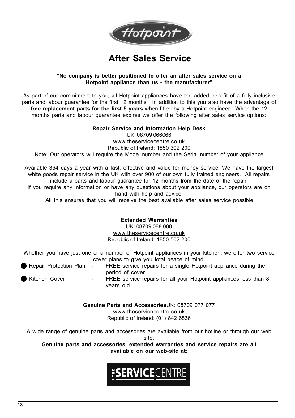 After sales service | Hotpoint Instructions User Manual | Page 18 / 20