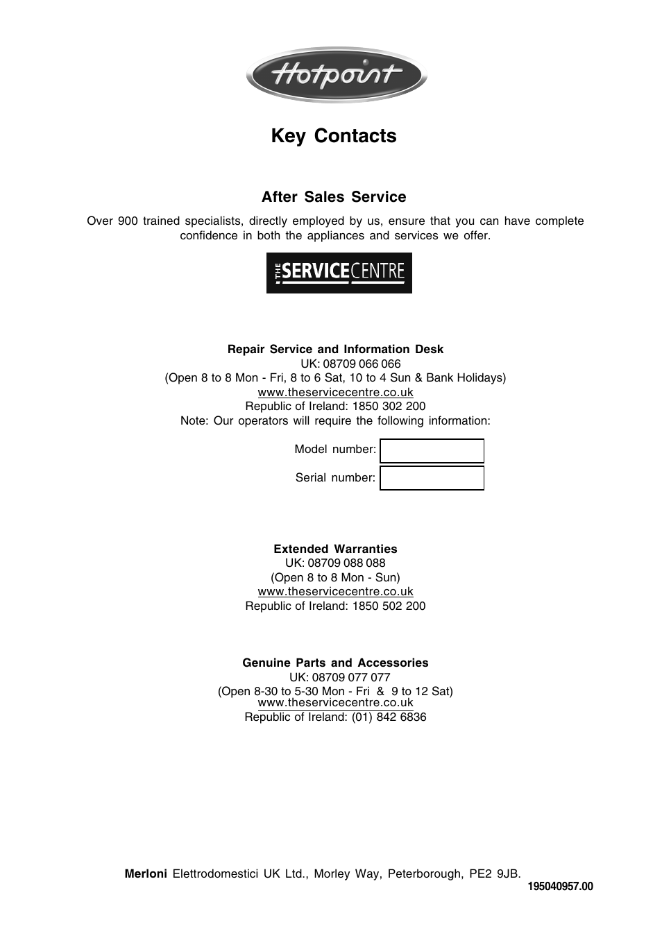 Key contacts, After sales service | Hotpoint Instructions User Manual | Page 20 / 20