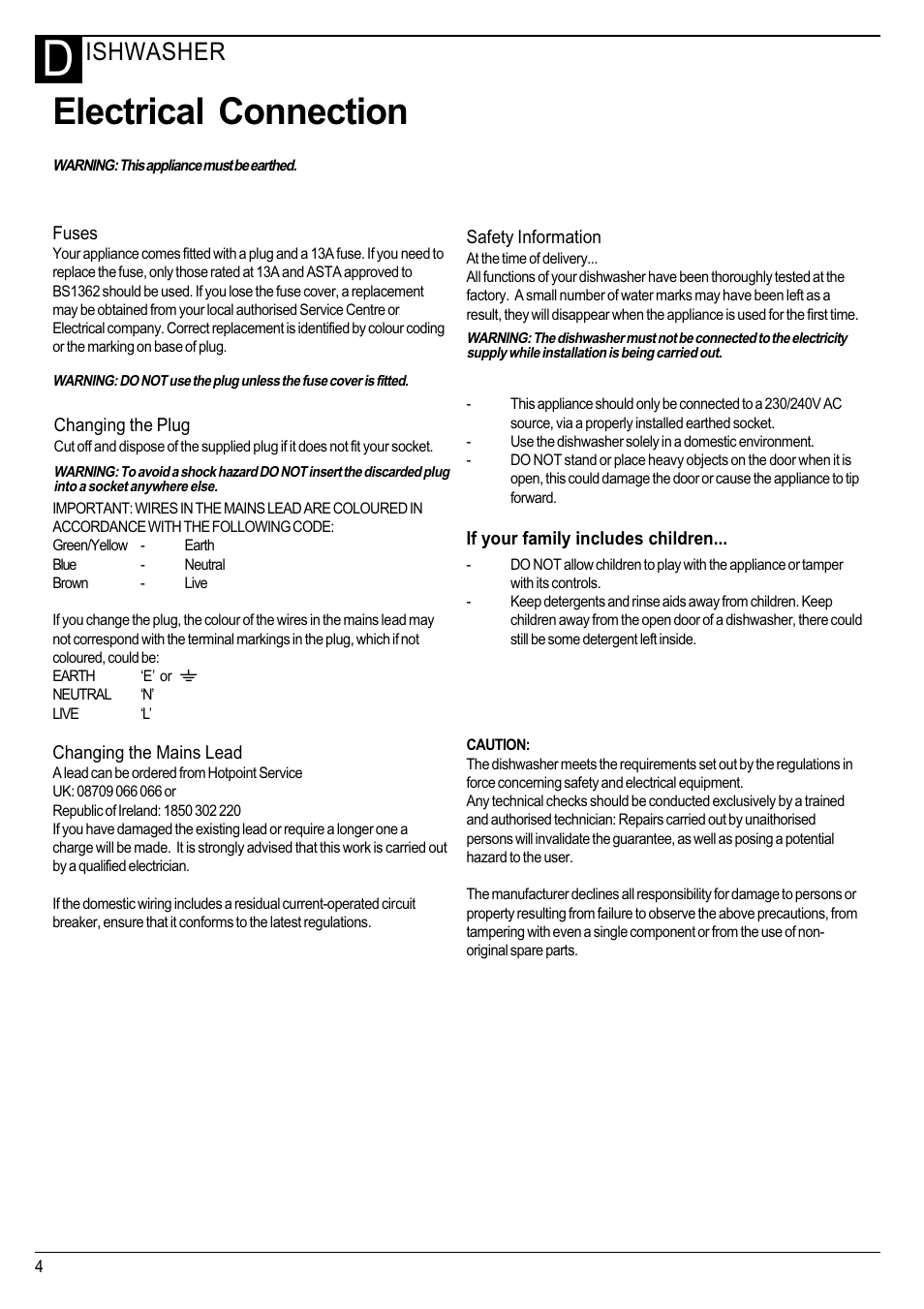 Electrical connection, Ishwasher | Hotpoint Instructions User Manual | Page 4 / 20