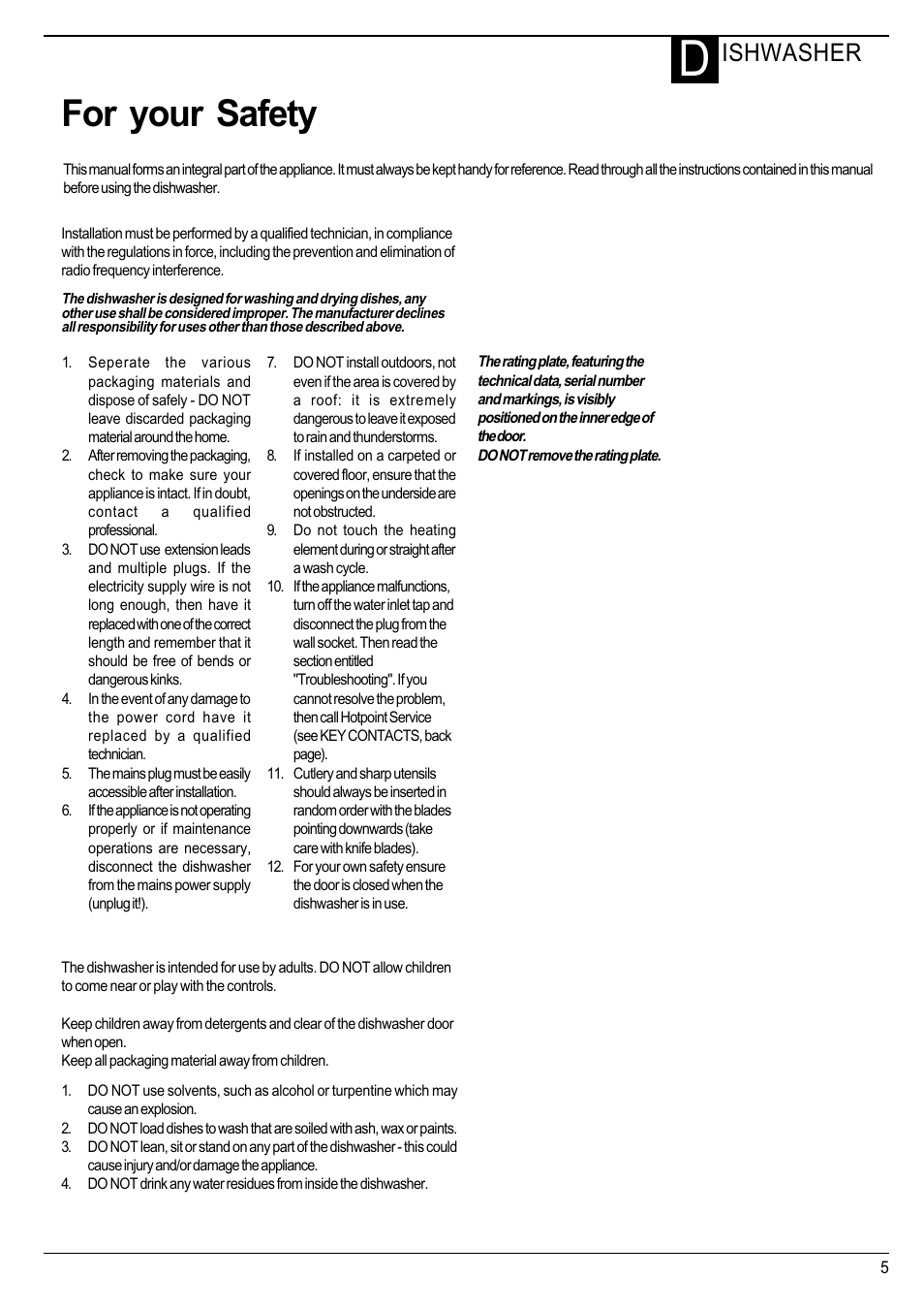 For your safety, Ishwasher | Hotpoint Instructions User Manual | Page 5 / 20