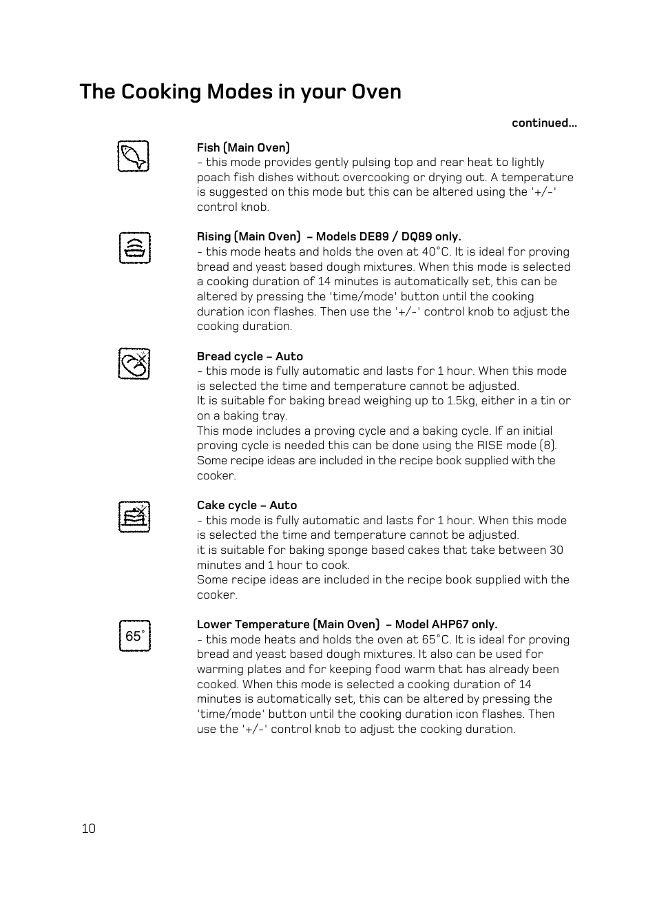 The cooking modes in your oven | Hotpoint AHP67X User Manual | Page 10 / 36