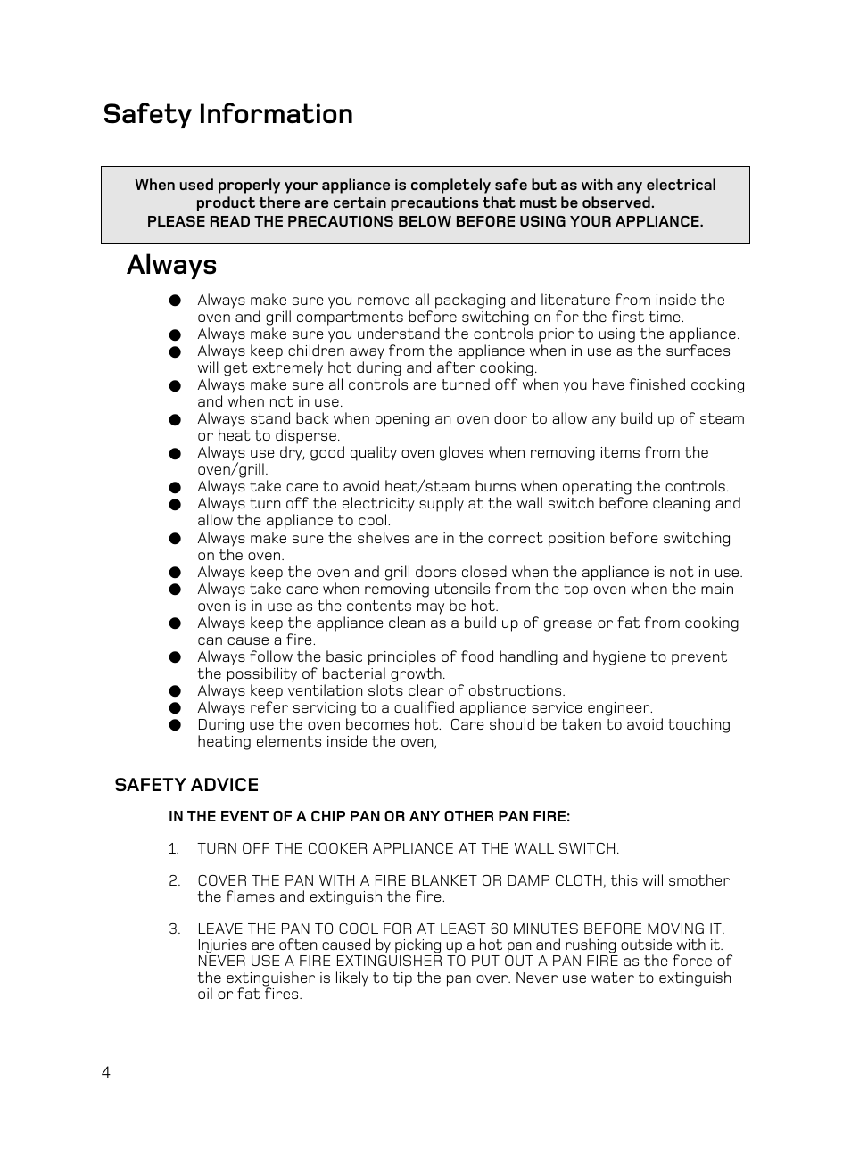 Always, Safety information | Hotpoint AHP67X User Manual | Page 4 / 36