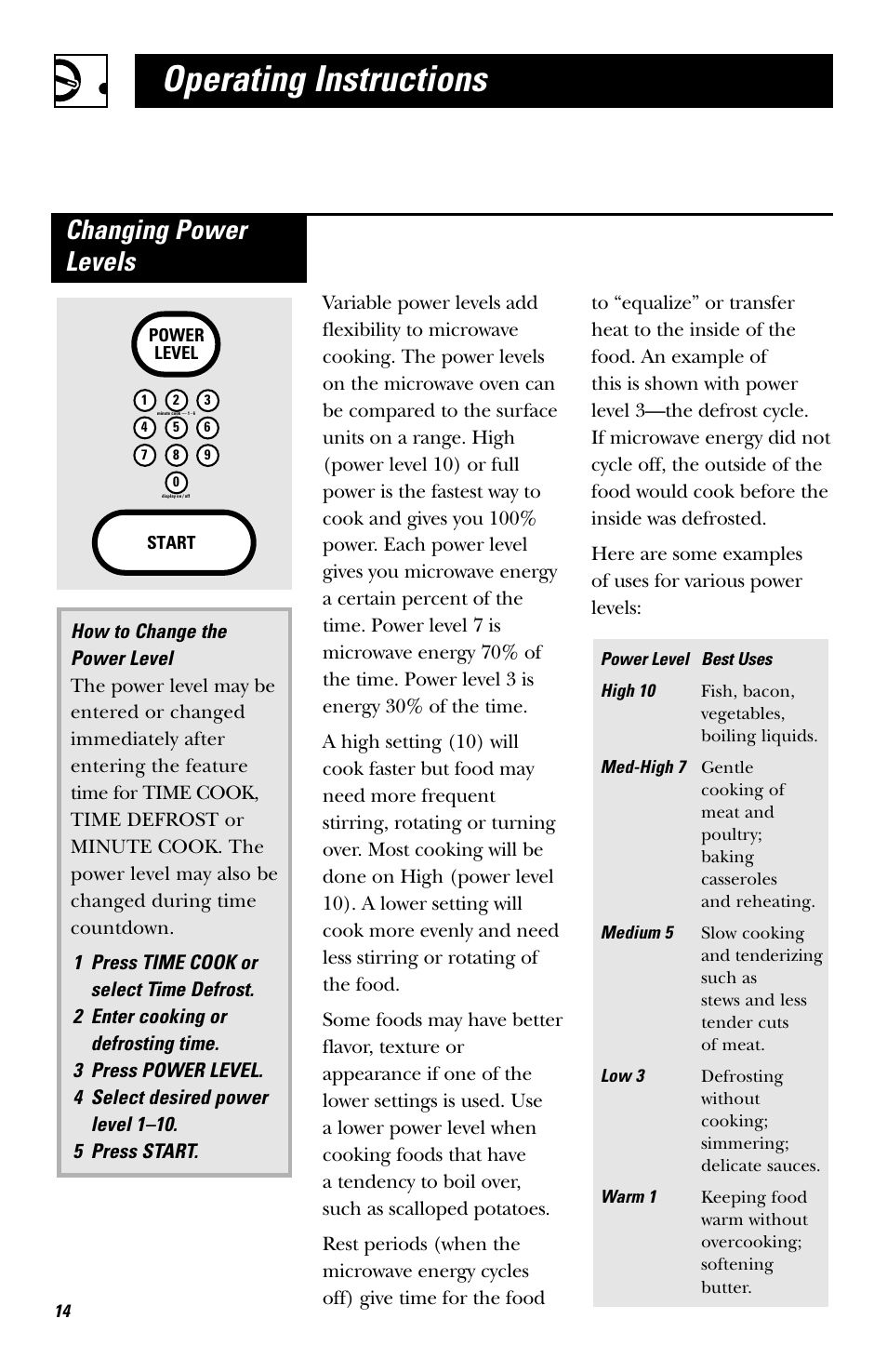 Operating instructions, Changing power levels | Hotpoint rvm1625 User Manual | Page 14 / 40