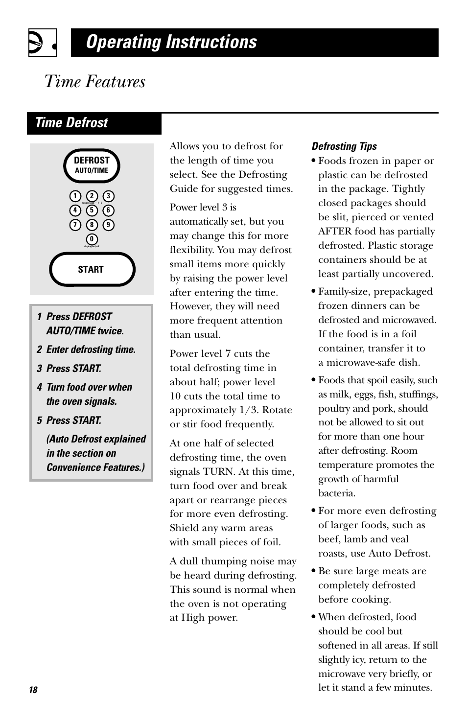 Operating instructions time features, Time defrost | Hotpoint rvm1625 User Manual | Page 18 / 40
