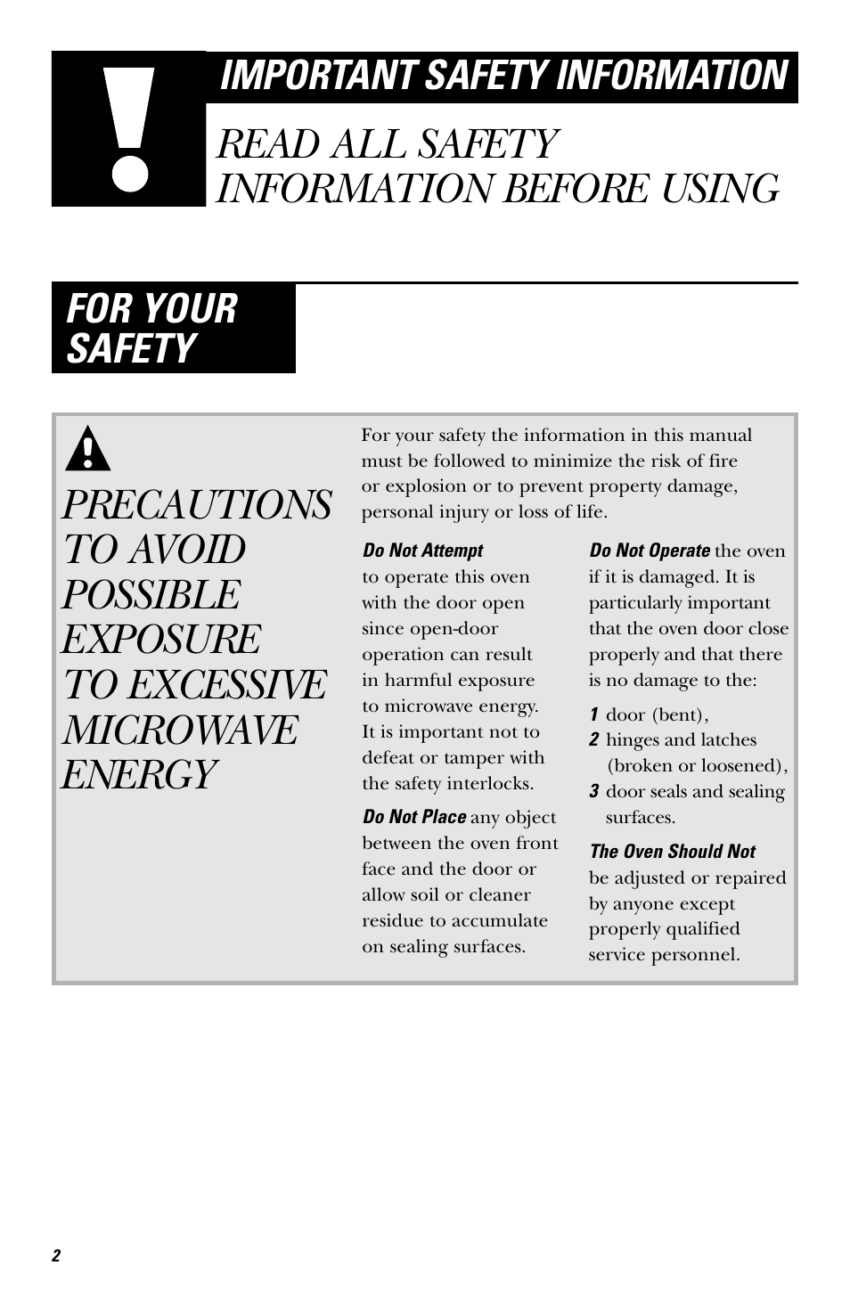 Important safety information, Precautions to avoid possible exposure, To excessive microwave energy | Read all safety information before using, For your safety | Hotpoint rvm1625 User Manual | Page 2 / 40