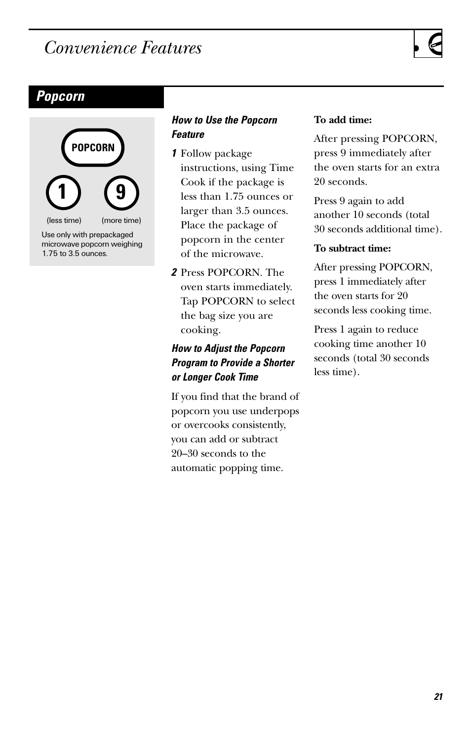 Convenience features, Popcorn | Hotpoint rvm1625 User Manual | Page 21 / 40