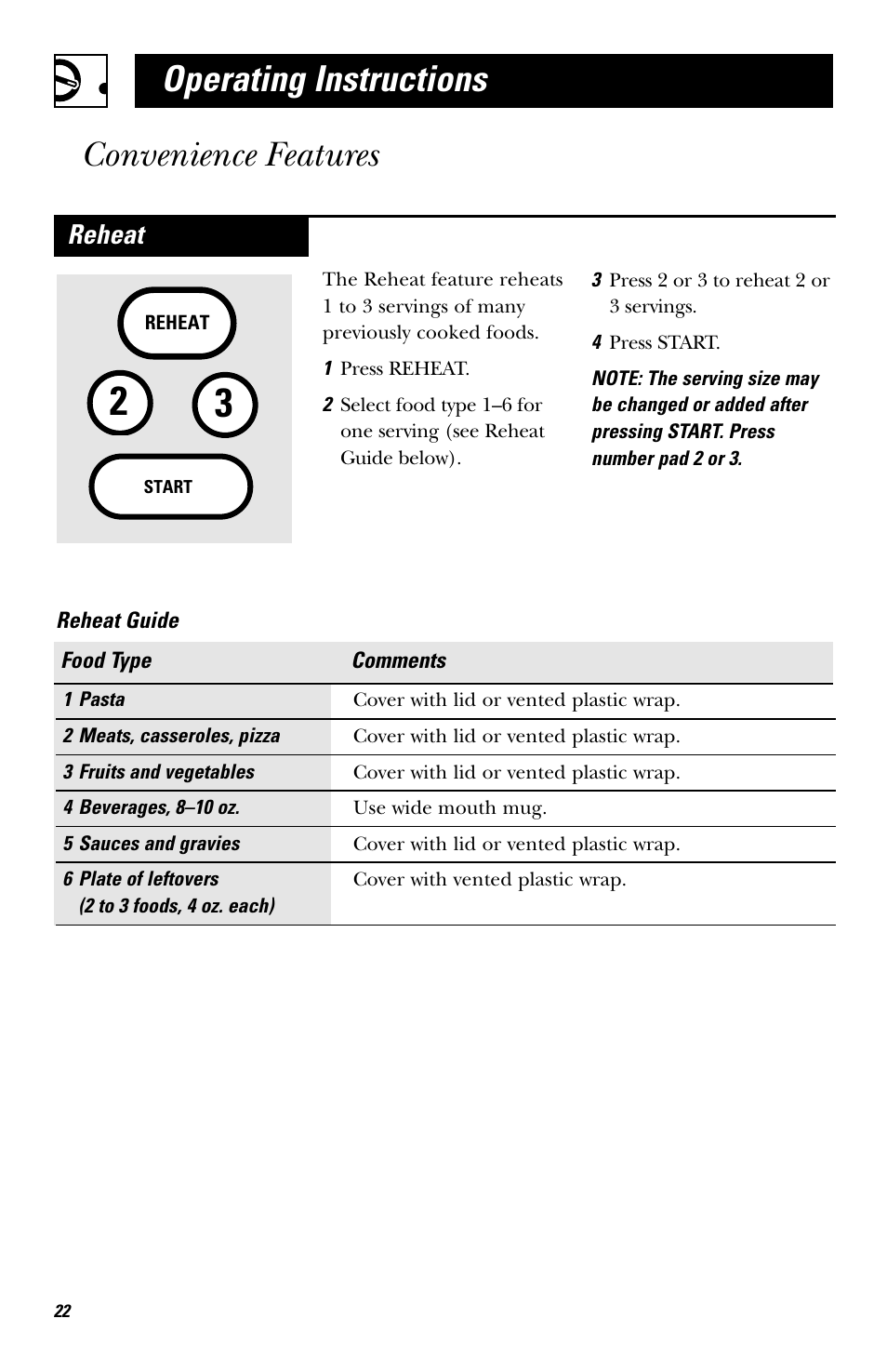 Operating instructions convenience features, Reheat | Hotpoint rvm1625 User Manual | Page 22 / 40