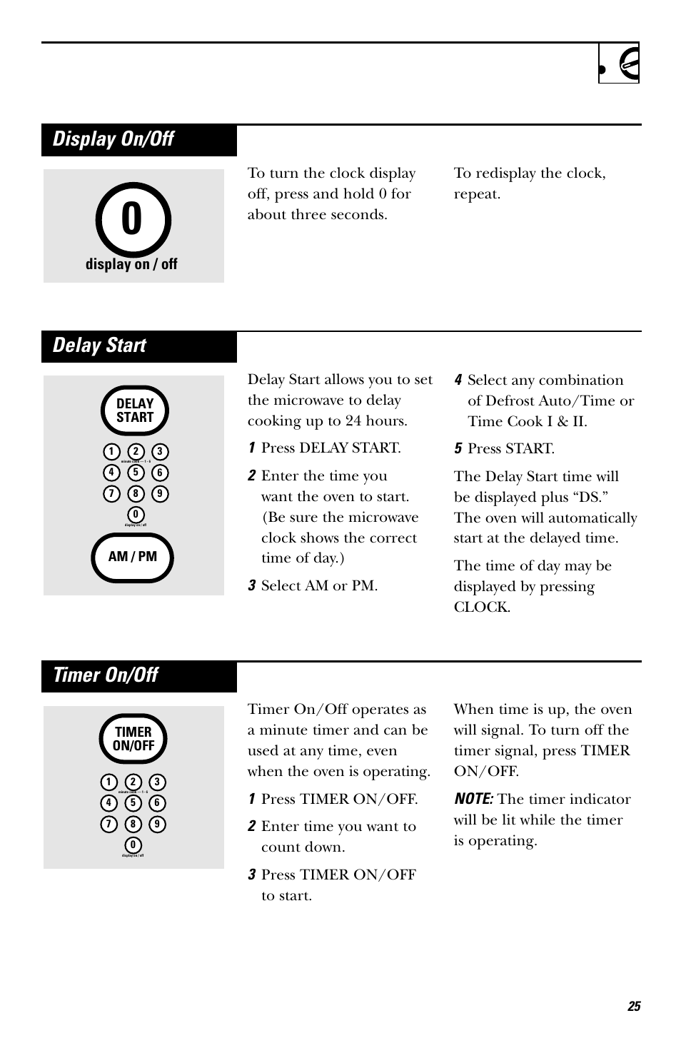 Display on/off, Delay start, Timer on/off | Hotpoint rvm1625 User Manual | Page 25 / 40