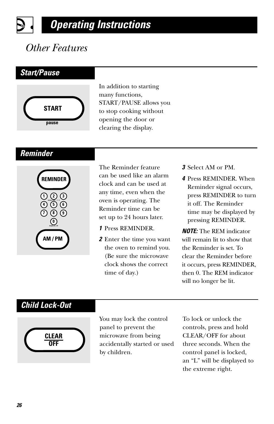 Operating instructions other features, Child lock-out, Start/pause | Reminder | Hotpoint rvm1625 User Manual | Page 26 / 40