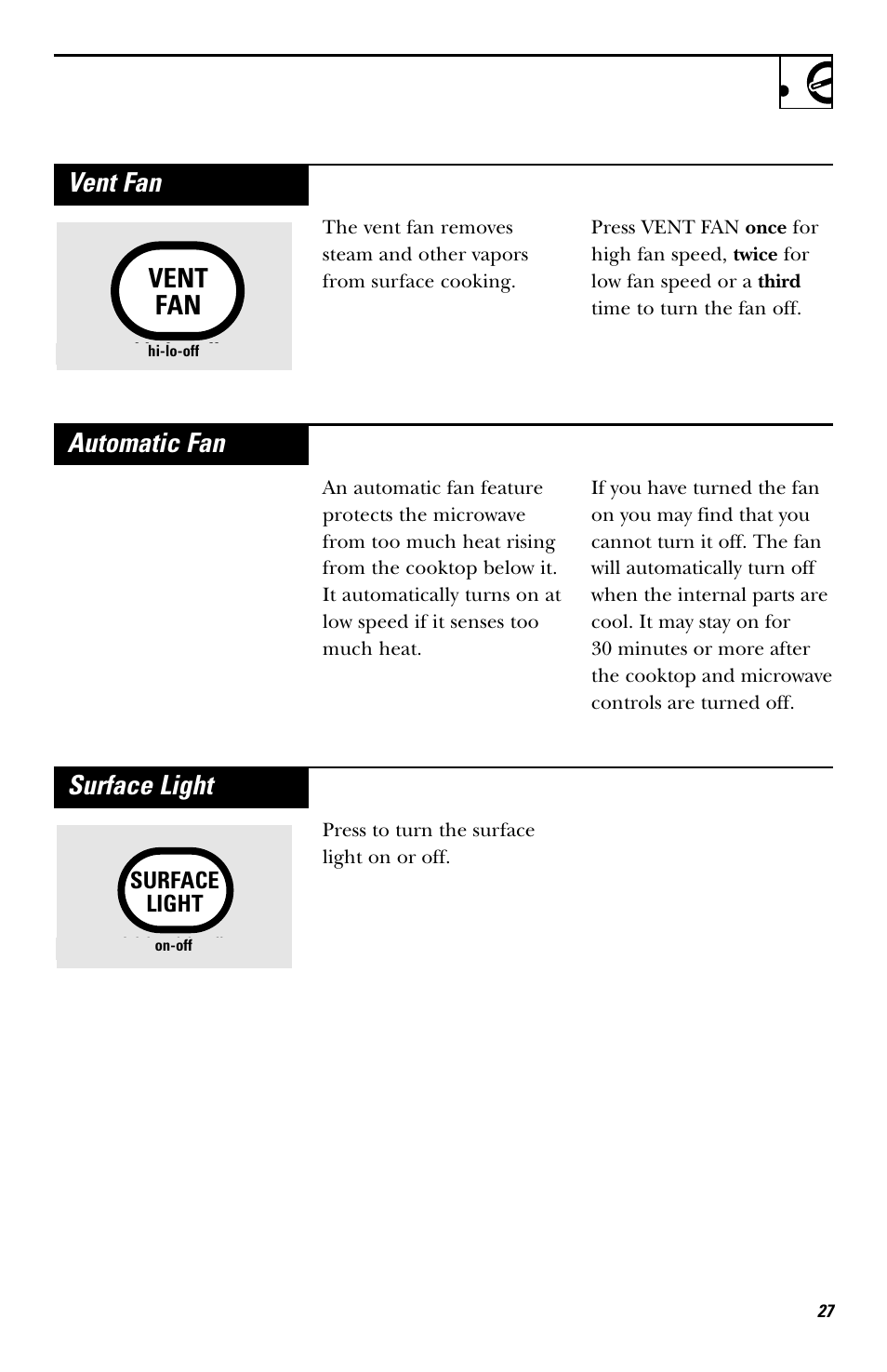 Vent fan vent fan, Automatic fan, Surface light | Hotpoint rvm1625 User Manual | Page 27 / 40