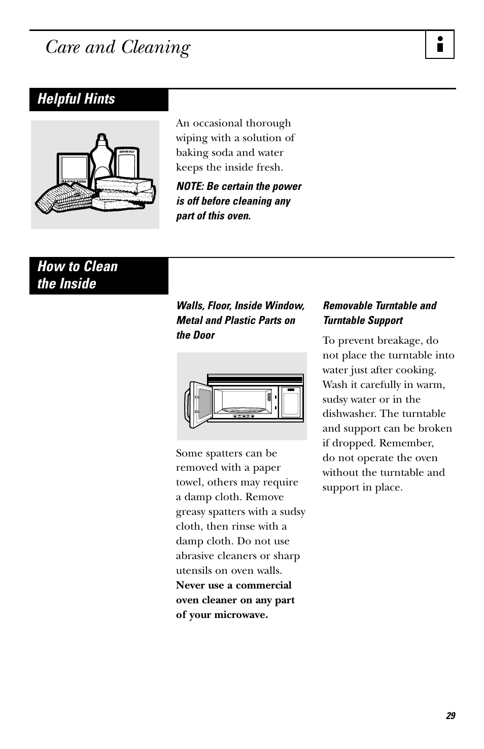 Care and cleaning, Helpful hints, How to clean the inside | Hotpoint rvm1625 User Manual | Page 29 / 40