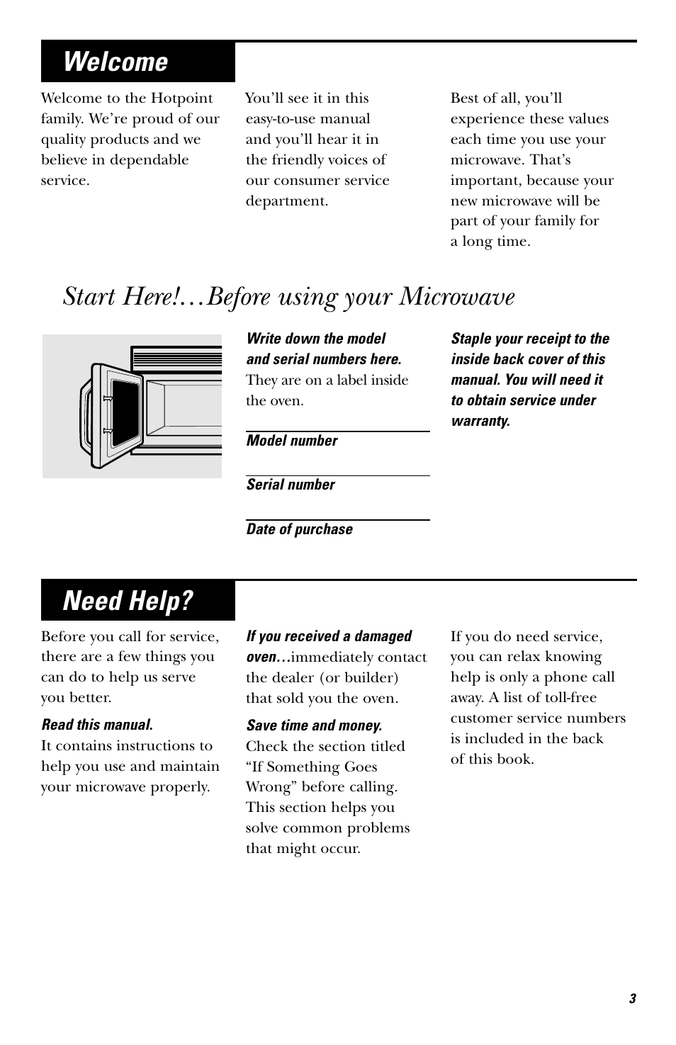 Welcome, Need help? start here!…before using your microwave | Hotpoint rvm1625 User Manual | Page 3 / 40