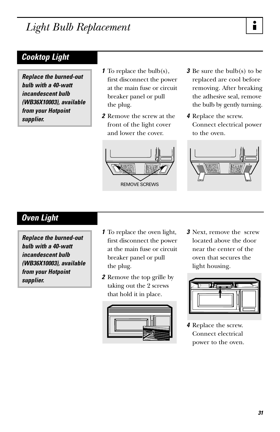 Light bulb replacement, Cooktop light, Oven light | Hotpoint rvm1625 User Manual | Page 31 / 40
