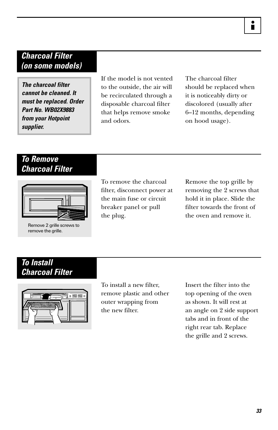Charcoal filter (on some models) | Hotpoint rvm1625 User Manual | Page 33 / 40