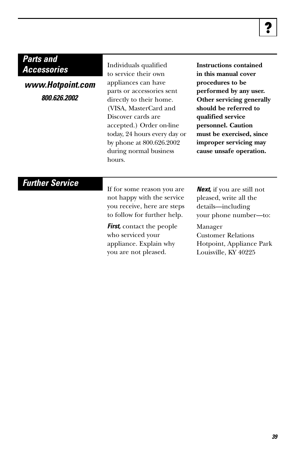 Parts and accessories, Further service | Hotpoint rvm1625 User Manual | Page 39 / 40