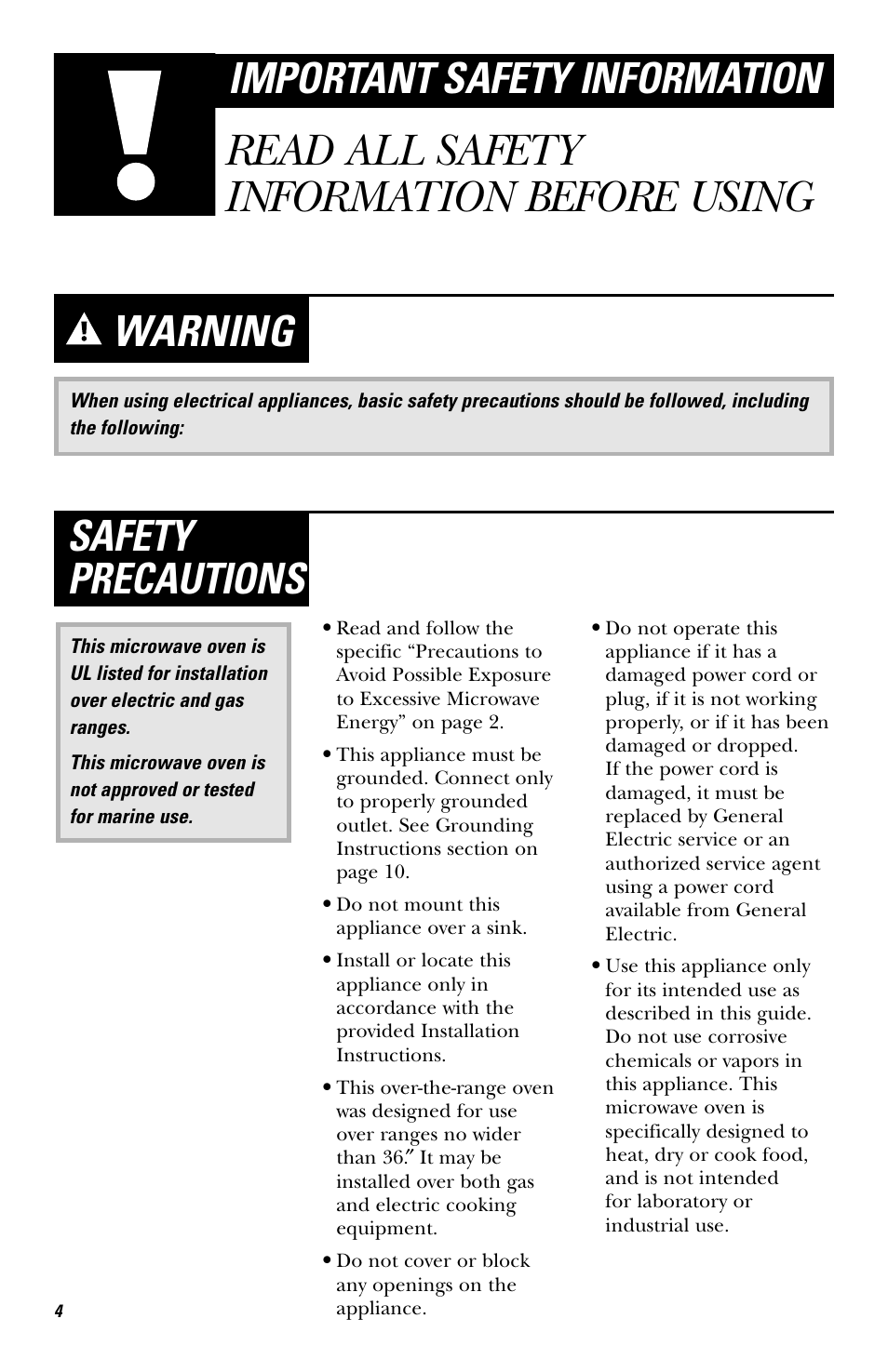 Read all safety information before using, Warning, Safety precautions | Important safety information | Hotpoint rvm1625 User Manual | Page 4 / 40
