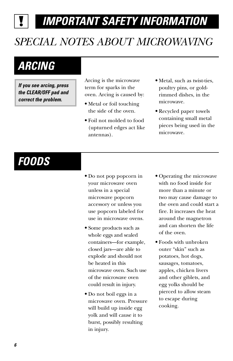 Special notes about microwaving, Arcing, Foods | Hotpoint rvm1625 User Manual | Page 6 / 40