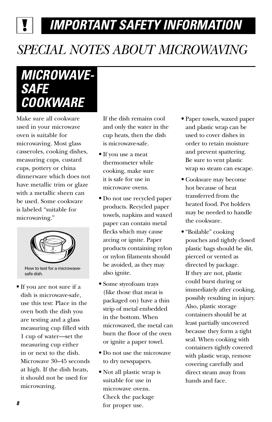 Important safety information, Microwave- safe cookware | Hotpoint rvm1625 User Manual | Page 8 / 40