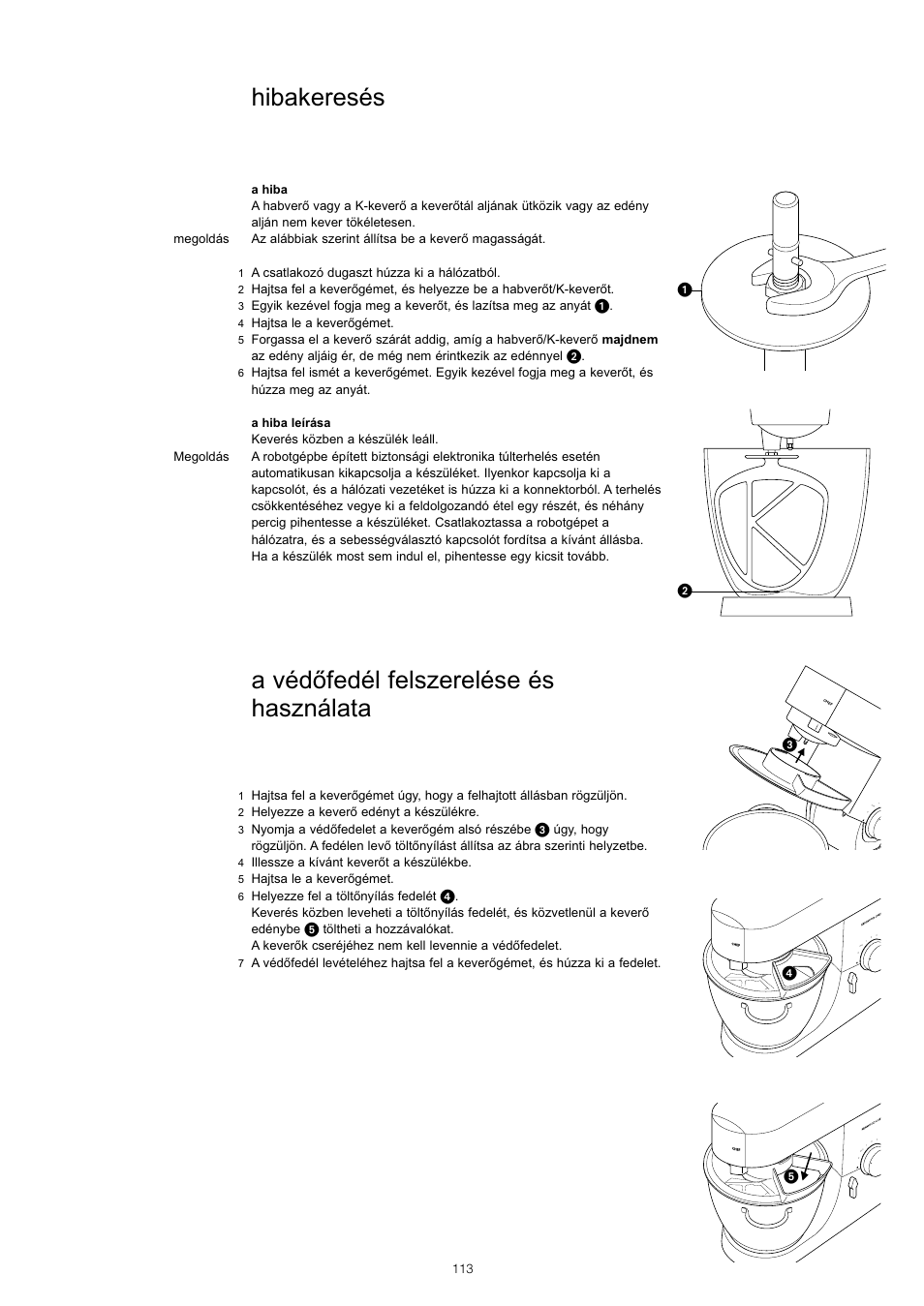 A védőfedél felszerelése és használata, Hibakeresés | Kenwood KM001 series User Manual | Page 114 / 153